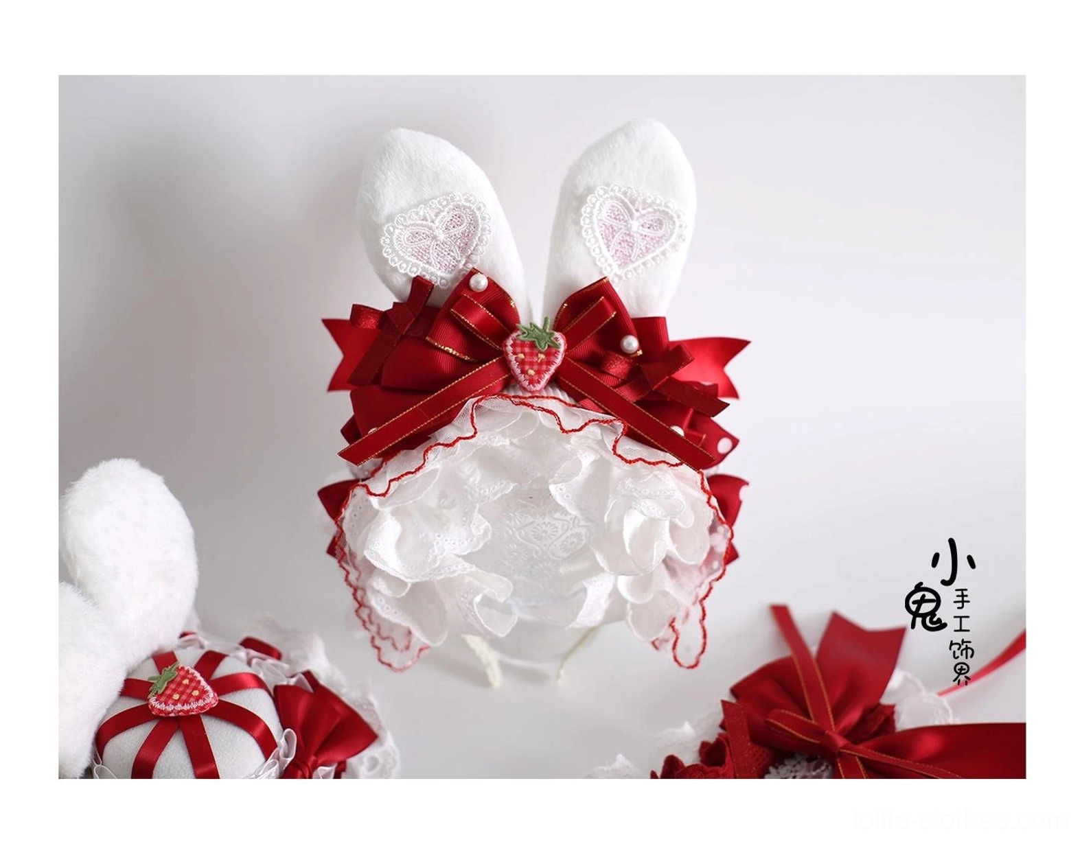 Premium sweet lolita headdress components showing embroidered cotton ruffle trim, polka dot ribbon details, white scalloped lace edges, and secure clip attachment system