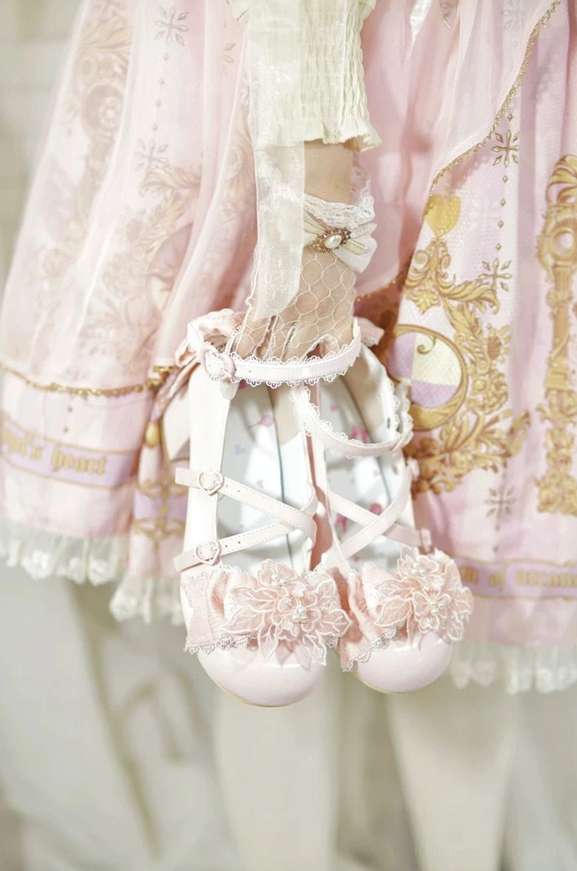 Premium quality sweet Lolita wedding heels demonstrating meticulous craftsmanship 3D floral elements heart-shaped rhinestones and comfortable block heel design for all-day wear