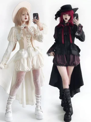 Prince ouji lolita two-piece outfit set coordinate beige black-red color variants ruffled flounce trim long coat selfie