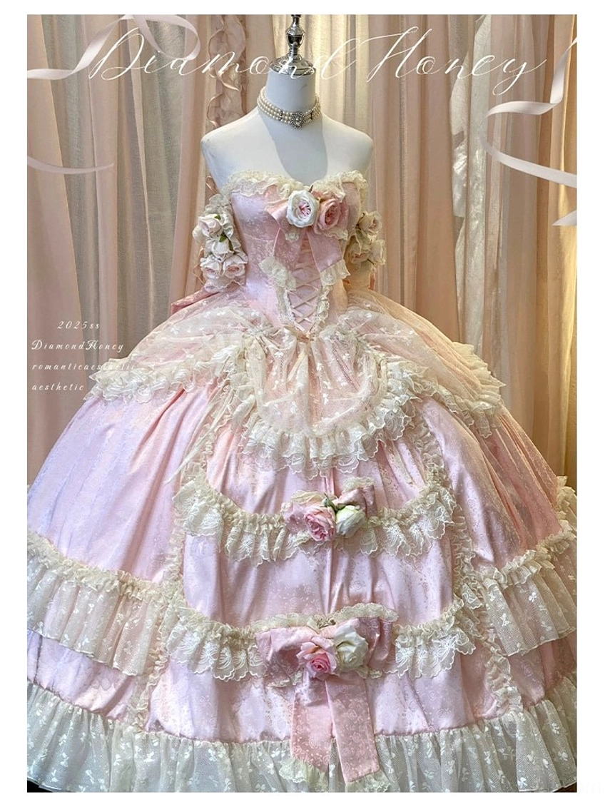 Pink floral tulle hair accessory detail shot coordinating with princess bridal lolita wedding dress