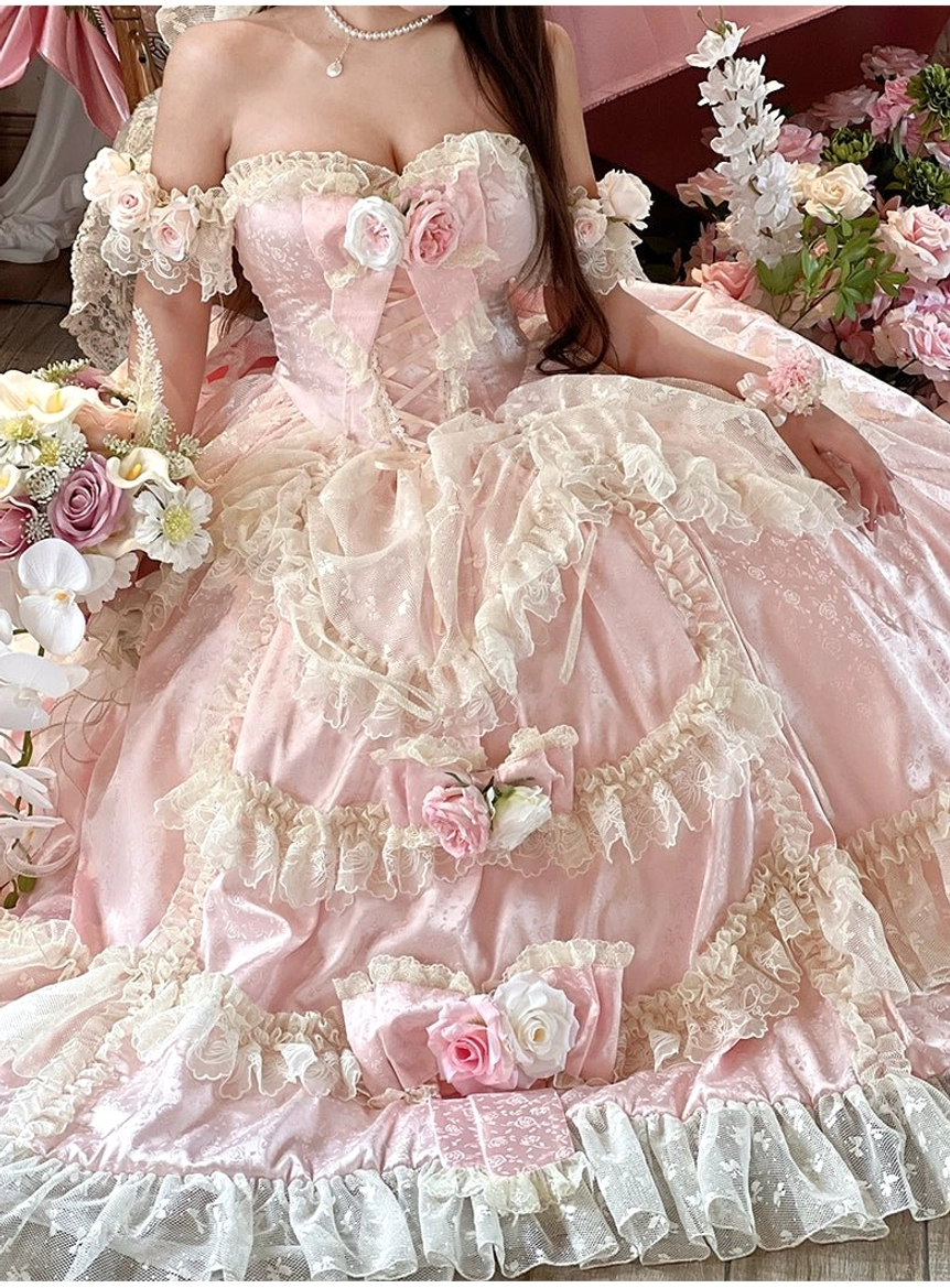 Back bodice detail of off-shoulder ruffled design on princess bridal lolita wedding dress