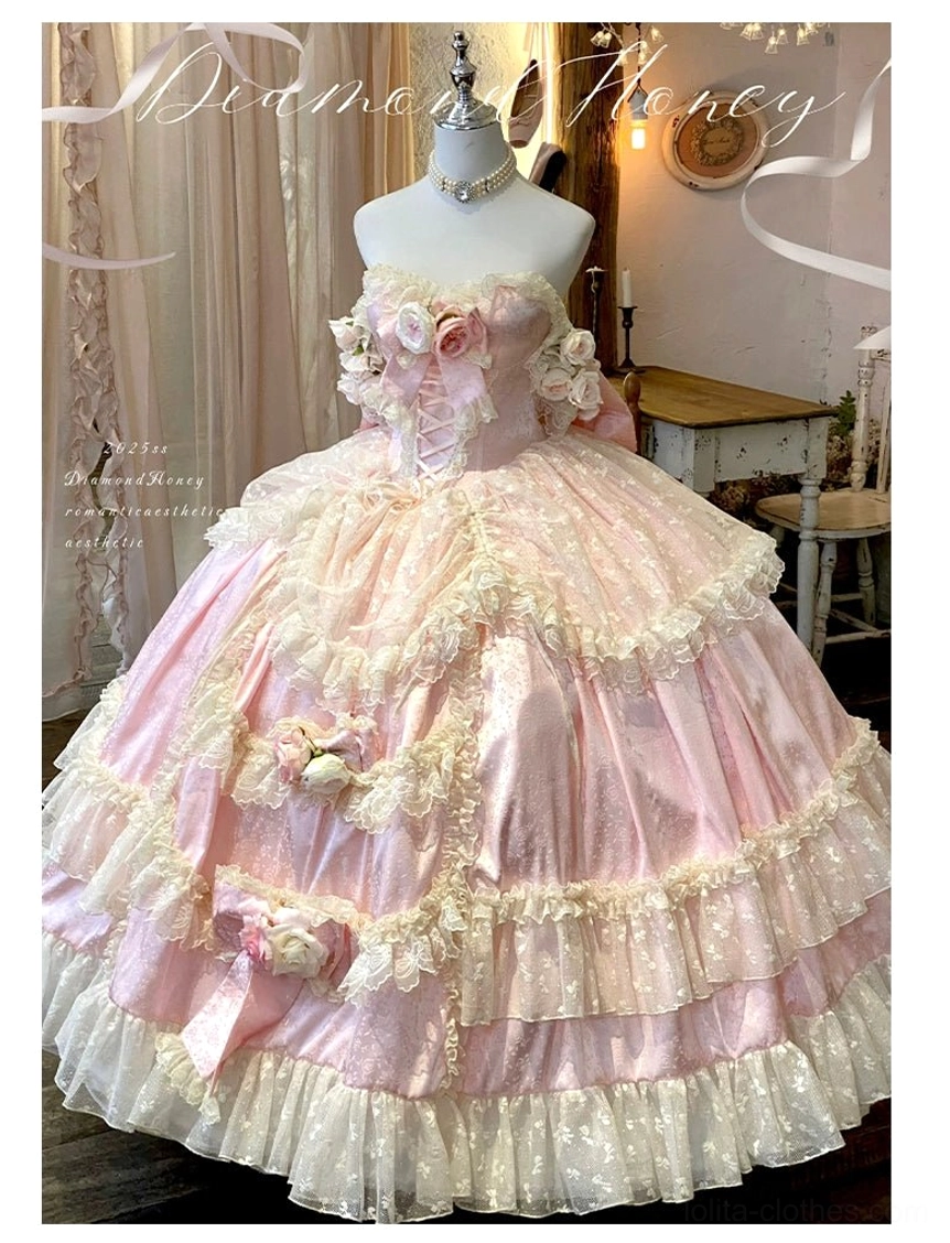 Color comparison showing pure white and pastel pink princess bridal lolita wedding dress options