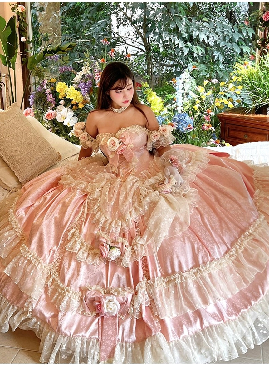 Hem and skirt construction detail of tiered ruffles on princess bridal lolita wedding dress