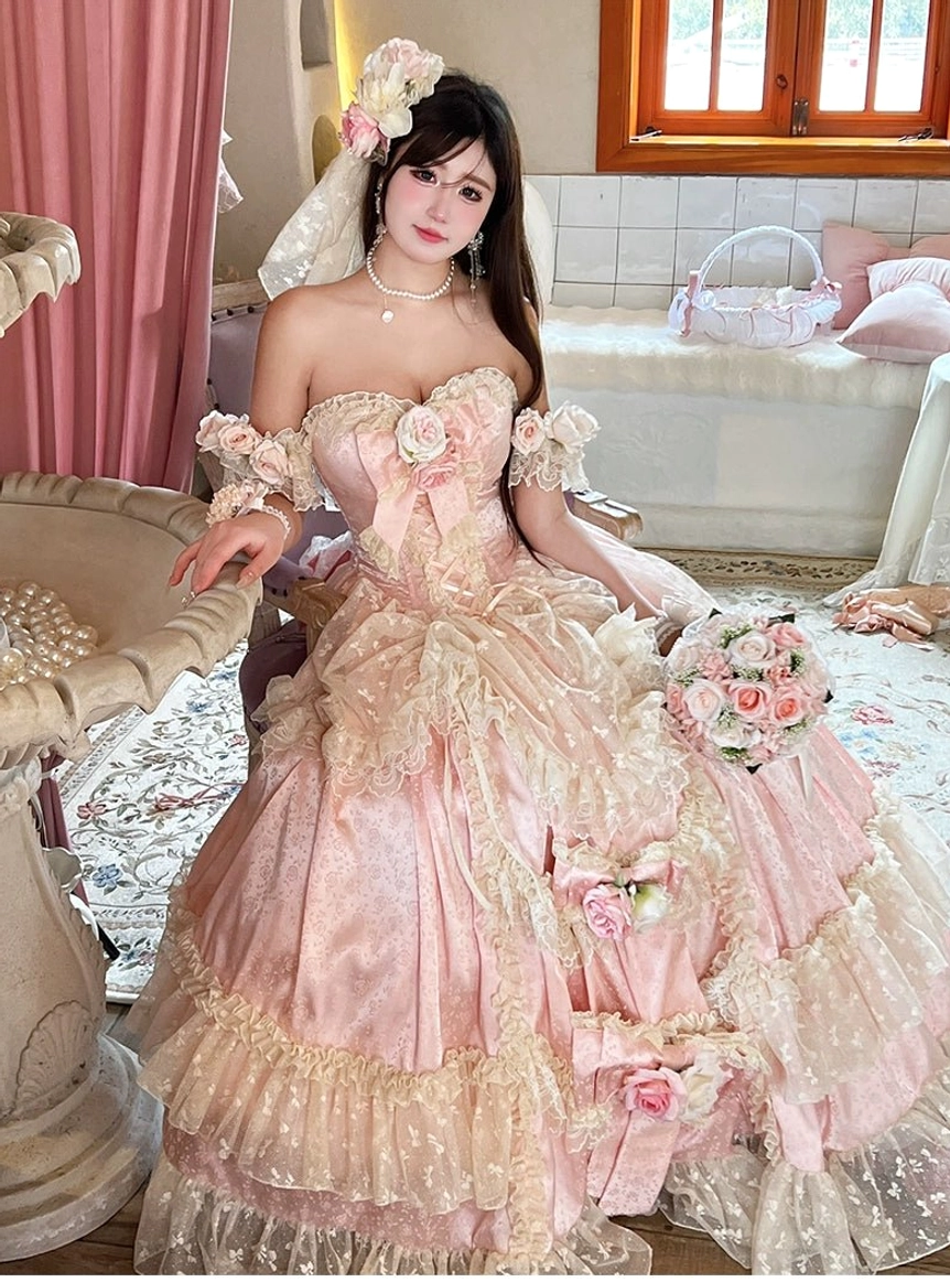 Skirt layering detail showing multi-tier ruffled tulle construction of princess bridal lolita wedding gown