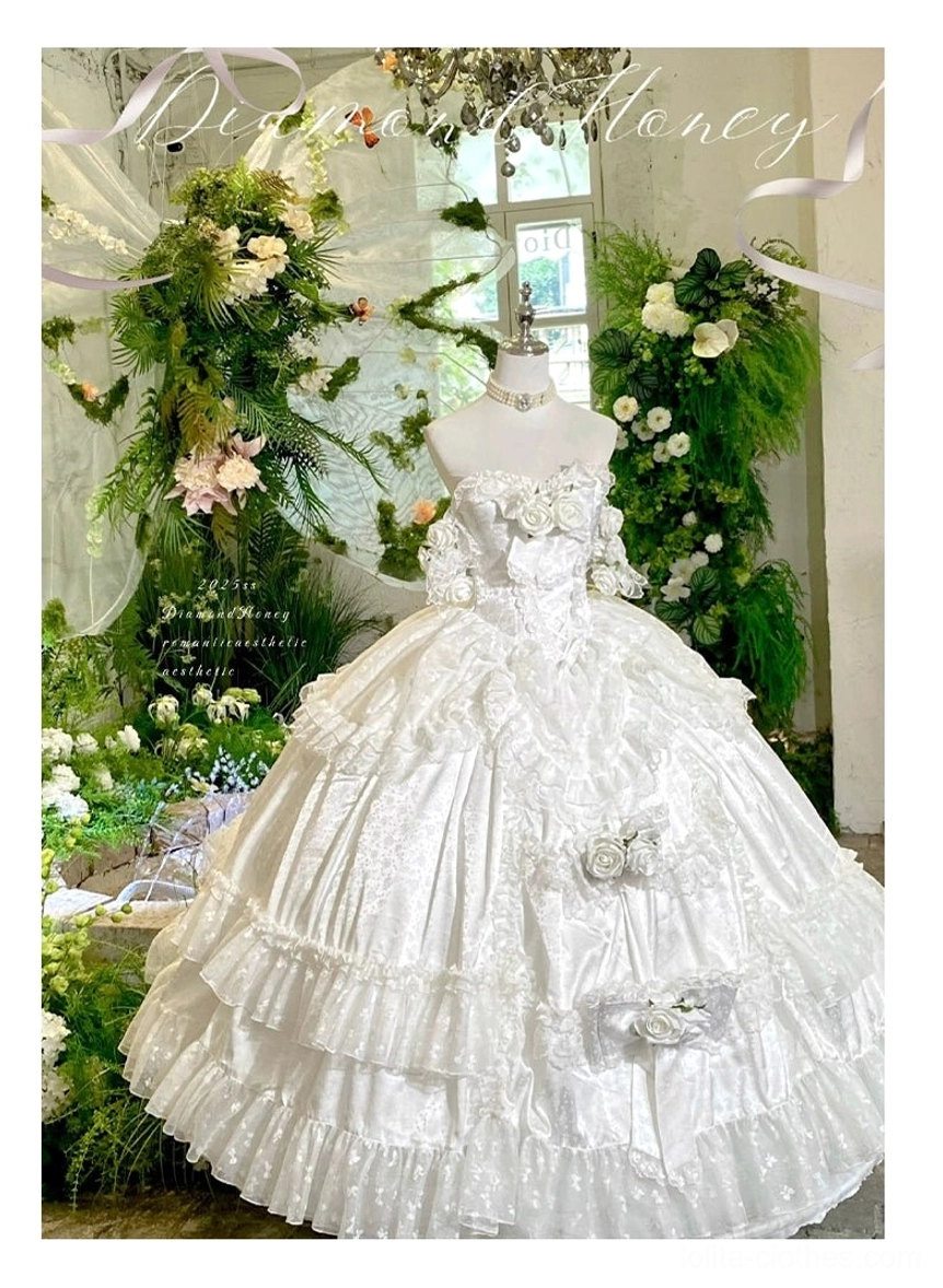 Product lifestyle shot showing princess bridal lolita wedding dress displayed on mannequin with styling