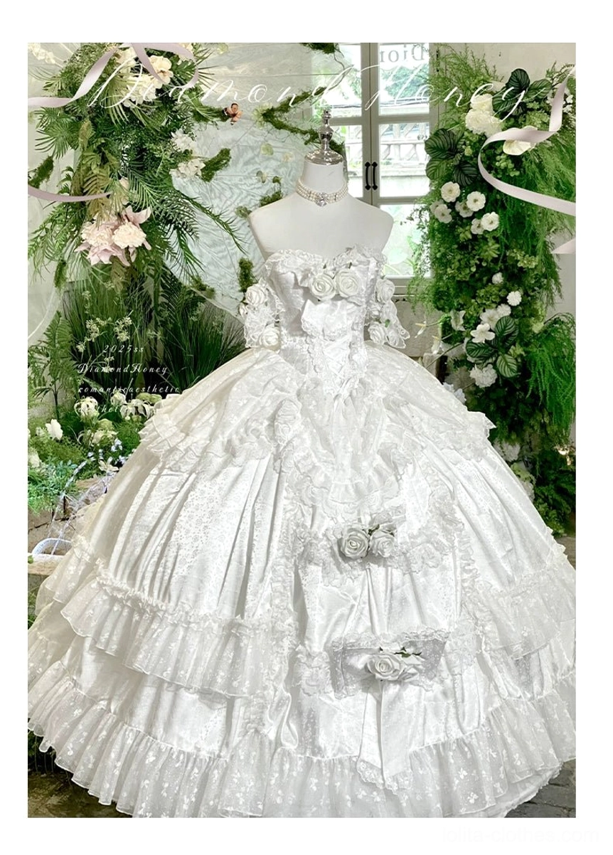 Three-quarter view of pastel pink princess bridal lolita gown with off-shoulder ruffled design