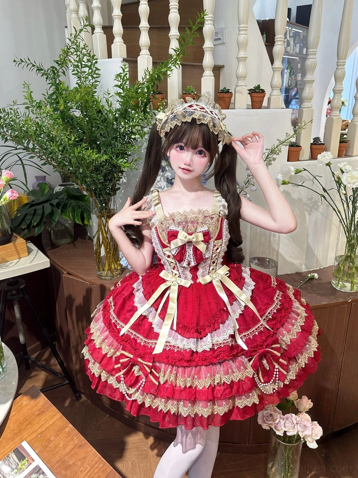 Princess lolita jumper dress tiered ruffles gold-trimmed lace embellishments pearl-accented bows detailed view of ruffle construction and embellishments