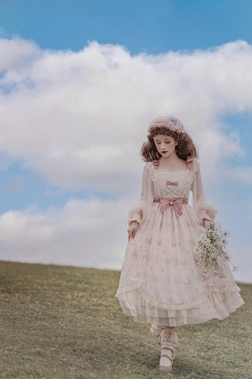 Princess lolita OP dress movement and silhouette in motion showing voluminous skirt flow, puff sleeve movement, graceful romantic silhouette in action