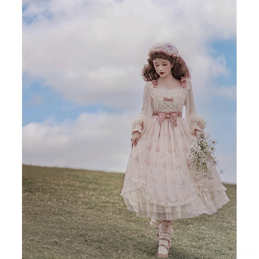 Ivory floral princess lolita OP dress size comparison showing different sizes S M L silhouette variations fit guide representation