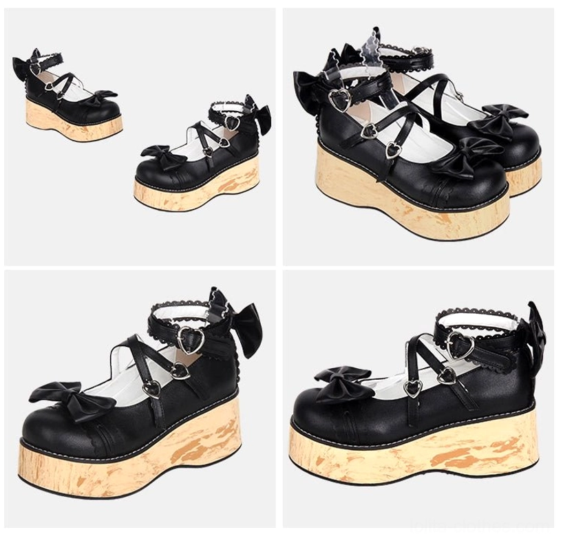 Multiple angle display of Princess Lolita platform shoes featuring black leather upper, decorative bows, heart-shaped metal buckles, and wood grain thick platform sole