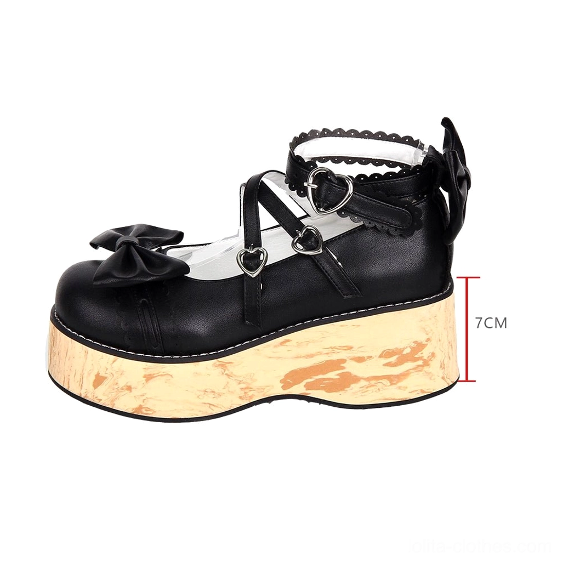 Side profile of black Princess Lolita platform shoes with 7cm heel height mark, showcasing black leather upper, toe cap bow, and thick wood grain platform sole construction
