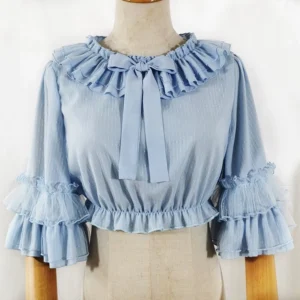 Light blue striped chiffon lolita cropped blouse with ruffled collar, satin bow detail, and two-tier princess trumpet sleeves on dress form front view