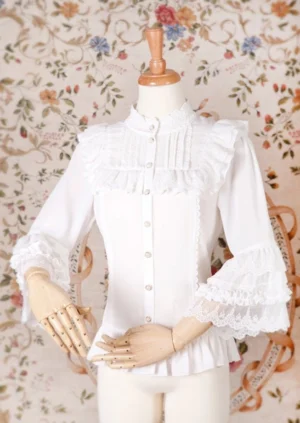 Princess sleeve chiffon lolita blouse with stand collar and lace ruffle details shown on wooden mannequin with vintage floral backdrop, front full-body flat view displaying slim fit silhouette and pearl button placket