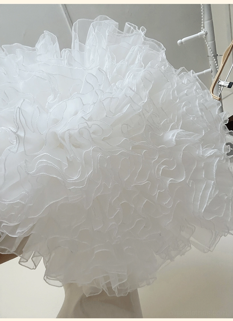 Puffy lolita petticoat front close-up view of full skirt showing super fluffy dense ruffled tulle and rounded voluminous puff shape