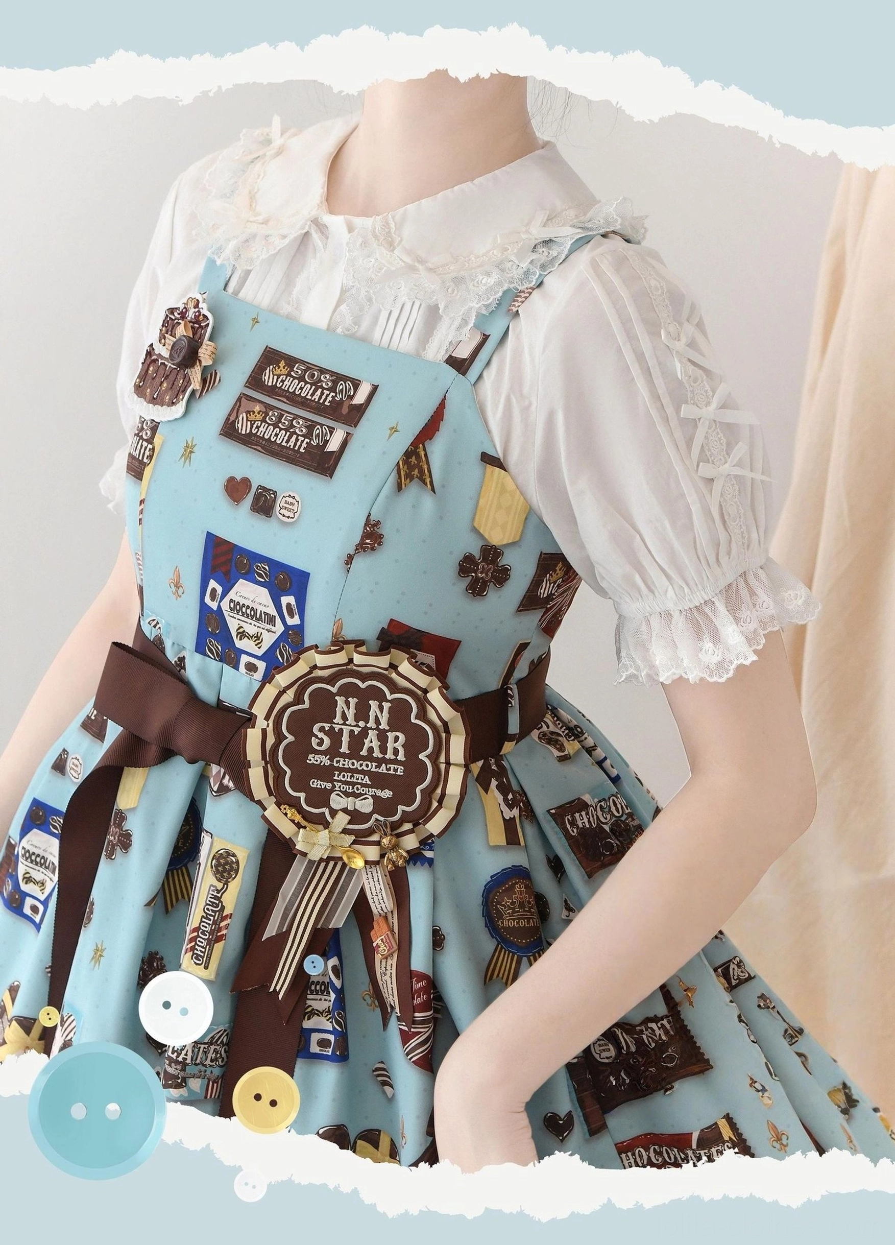 Puffy sleeves and ruffled details of sweet lolita blouse with bow embellishments showing design features