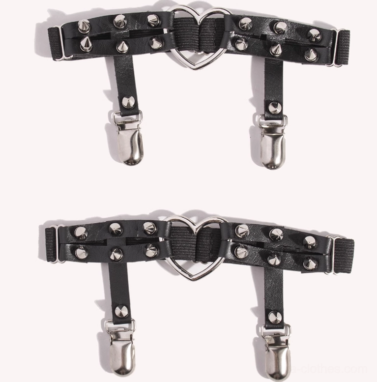 Black Punk Lolita heart rivet adjustable stocking garter clip product detail view