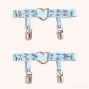 Blue Punk Lolita heart rivet stocking garter clips with silver metal clasps on white background