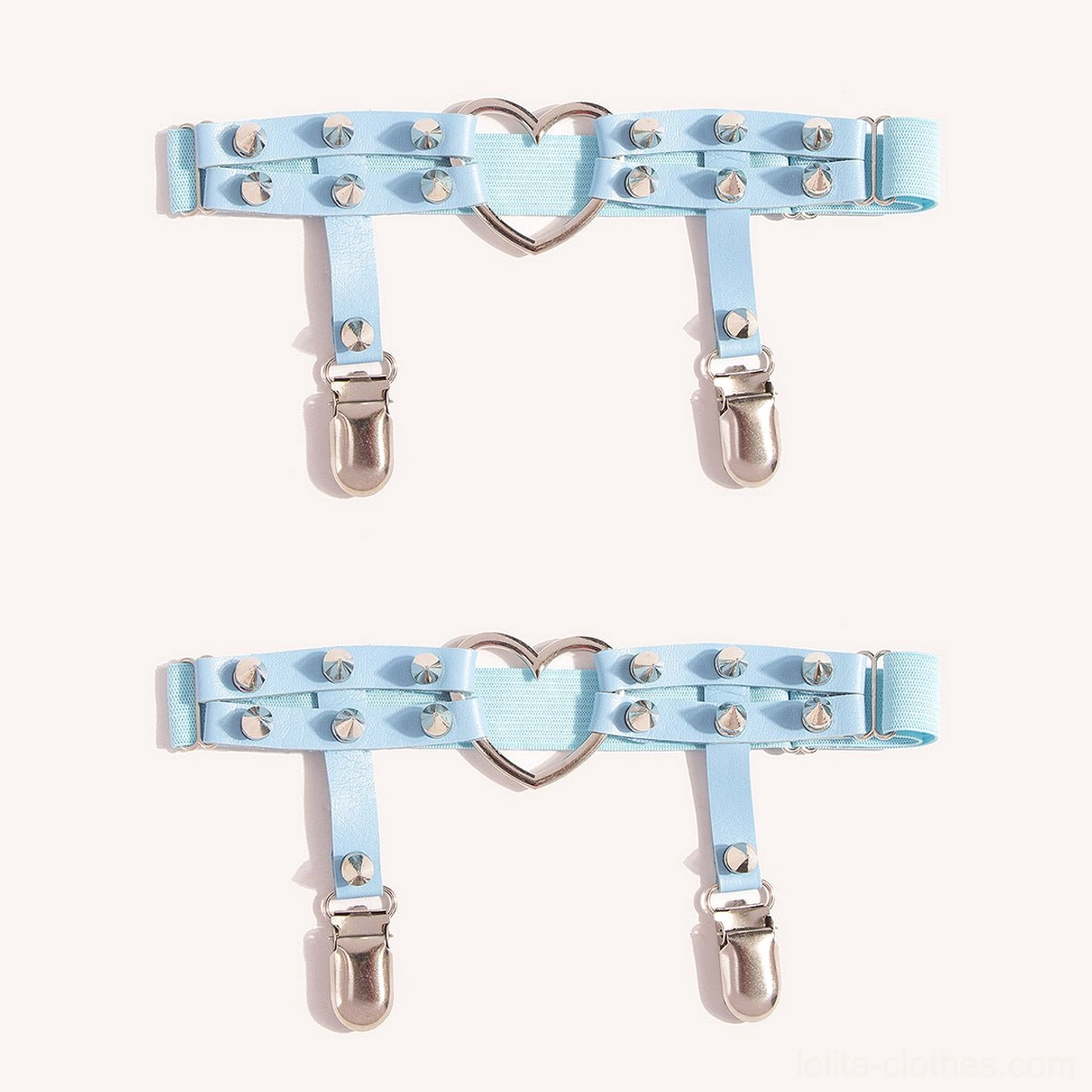 Blue Punk Lolita heart rivet stocking garter clips with silver metal clasps on white background