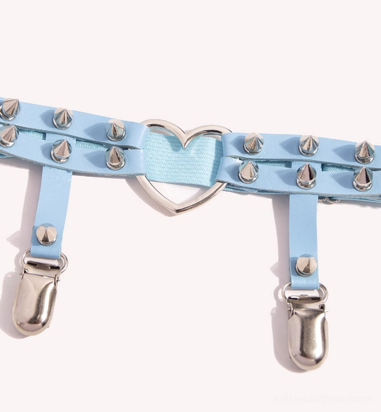 Blue Punk Lolita heart rivet adjustable stocking garter clip product detail view