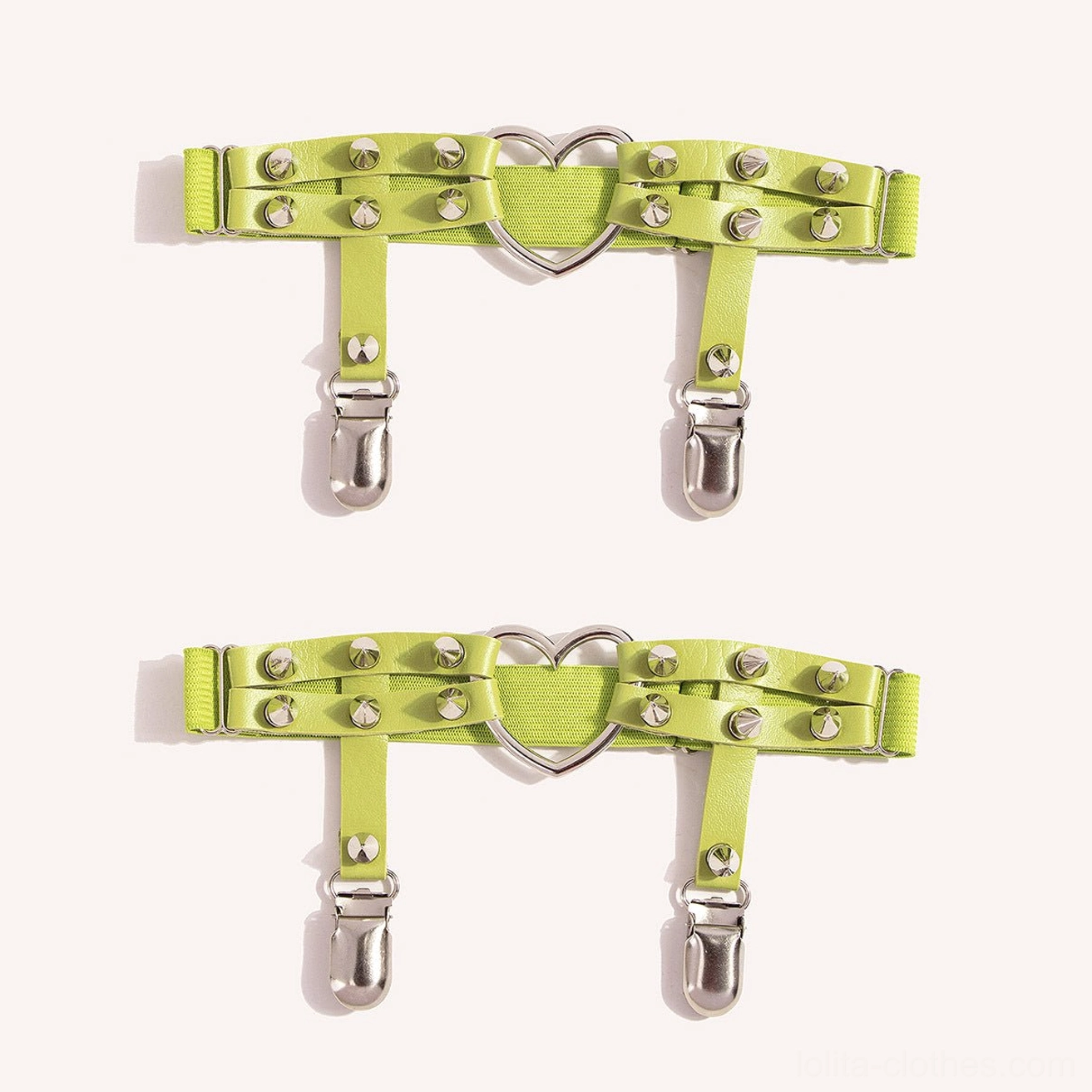 Green Punk Lolita heart buckle rivet stocking garter clips shown as a matching pair