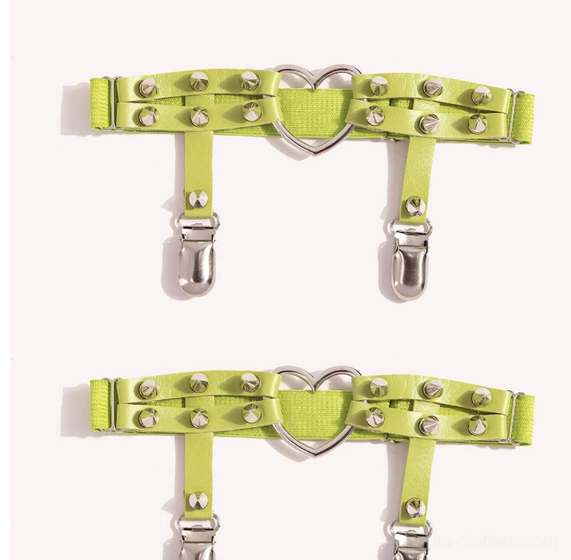 Green Punk Lolita heart rivet adjustable stocking garter clip product detail view