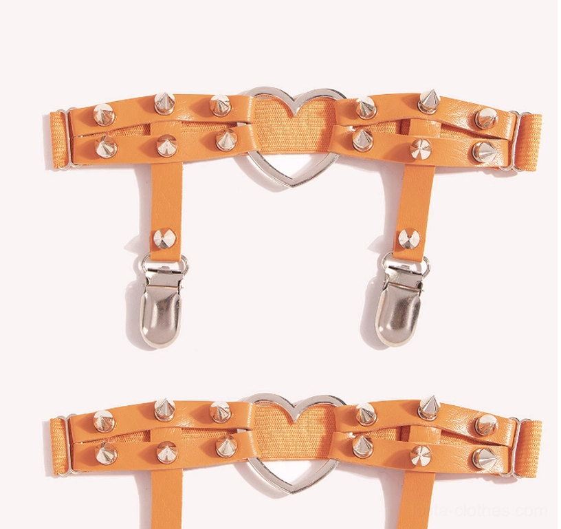 Orange Punk Lolita heart rivet adjustable stocking garter clips with silver hardware