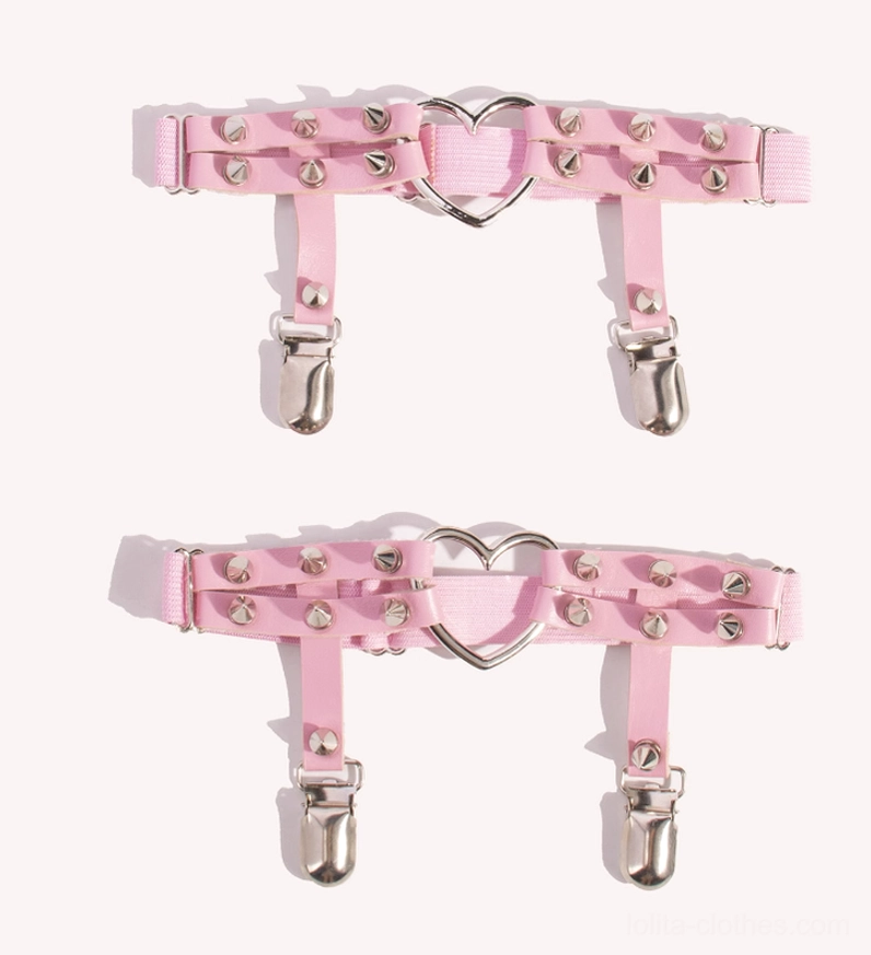 Pink Punk Lolita heart buckle stocking garter clips with cone rivet decorations