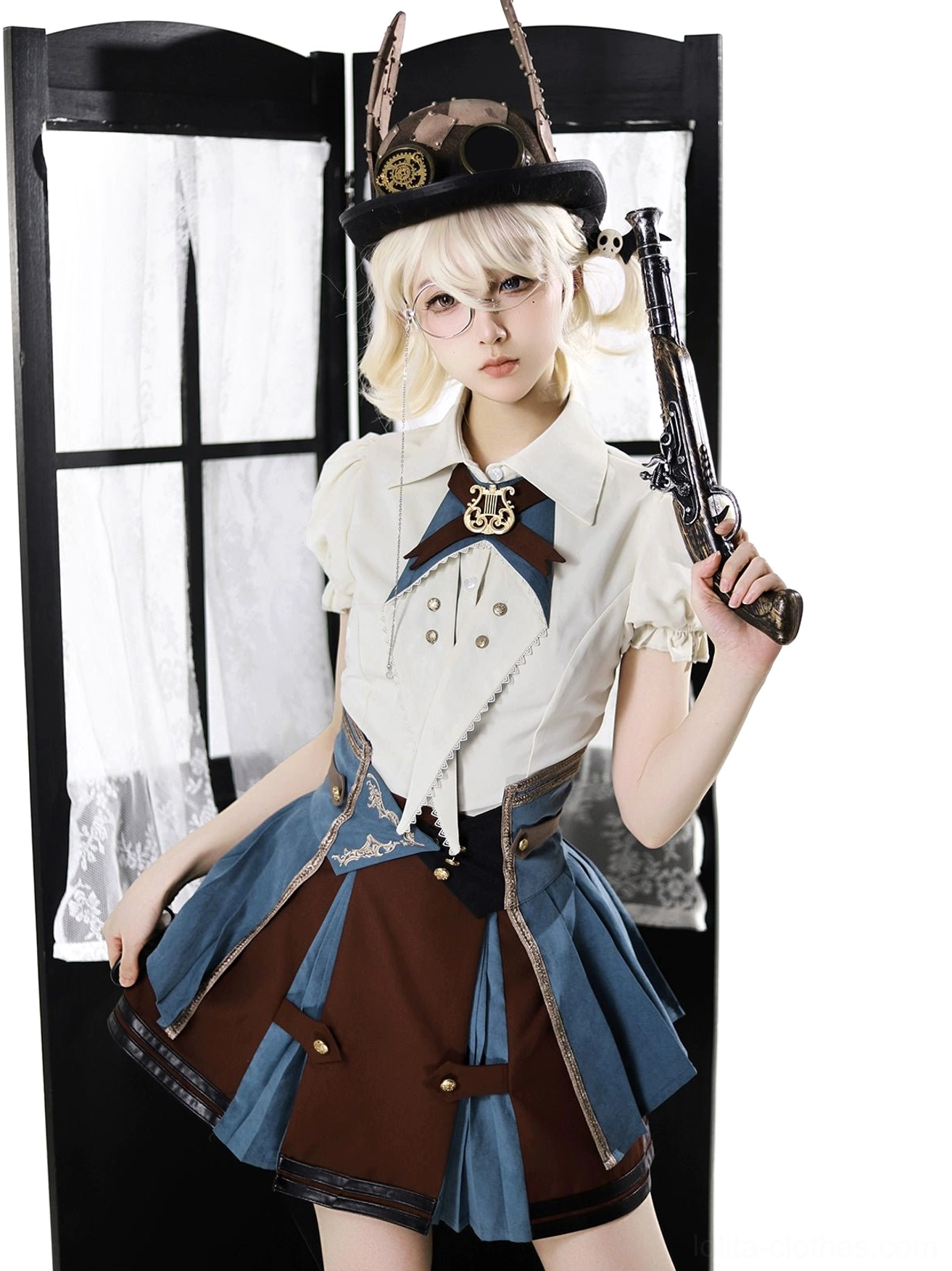 punk lolita three-piece suit close-up front view decorative buttons adjustable waist belt color-block design