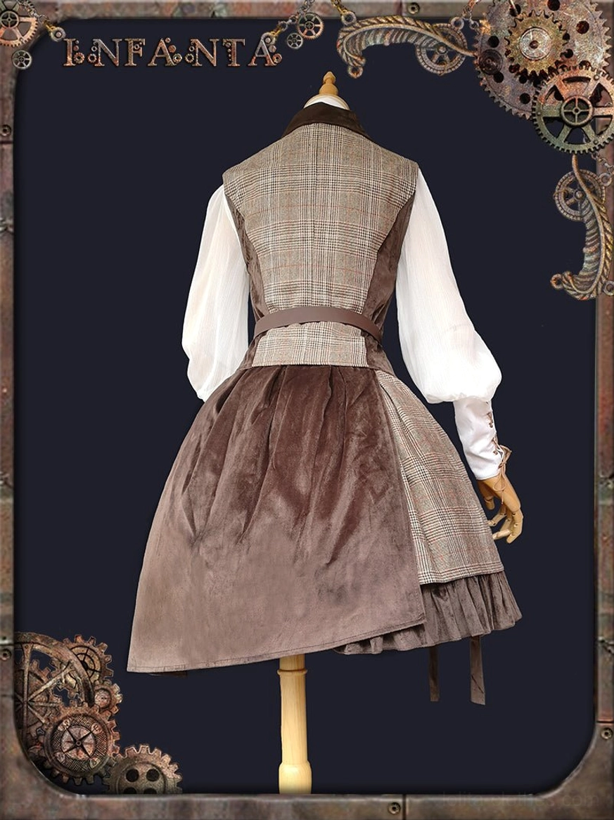 Back full-body dress form view of punk lolita vest and SK skirt set showing plaid vest back panel, asymmetrical velvet skirt back, and tailored waist belt construction against steampunk dark background