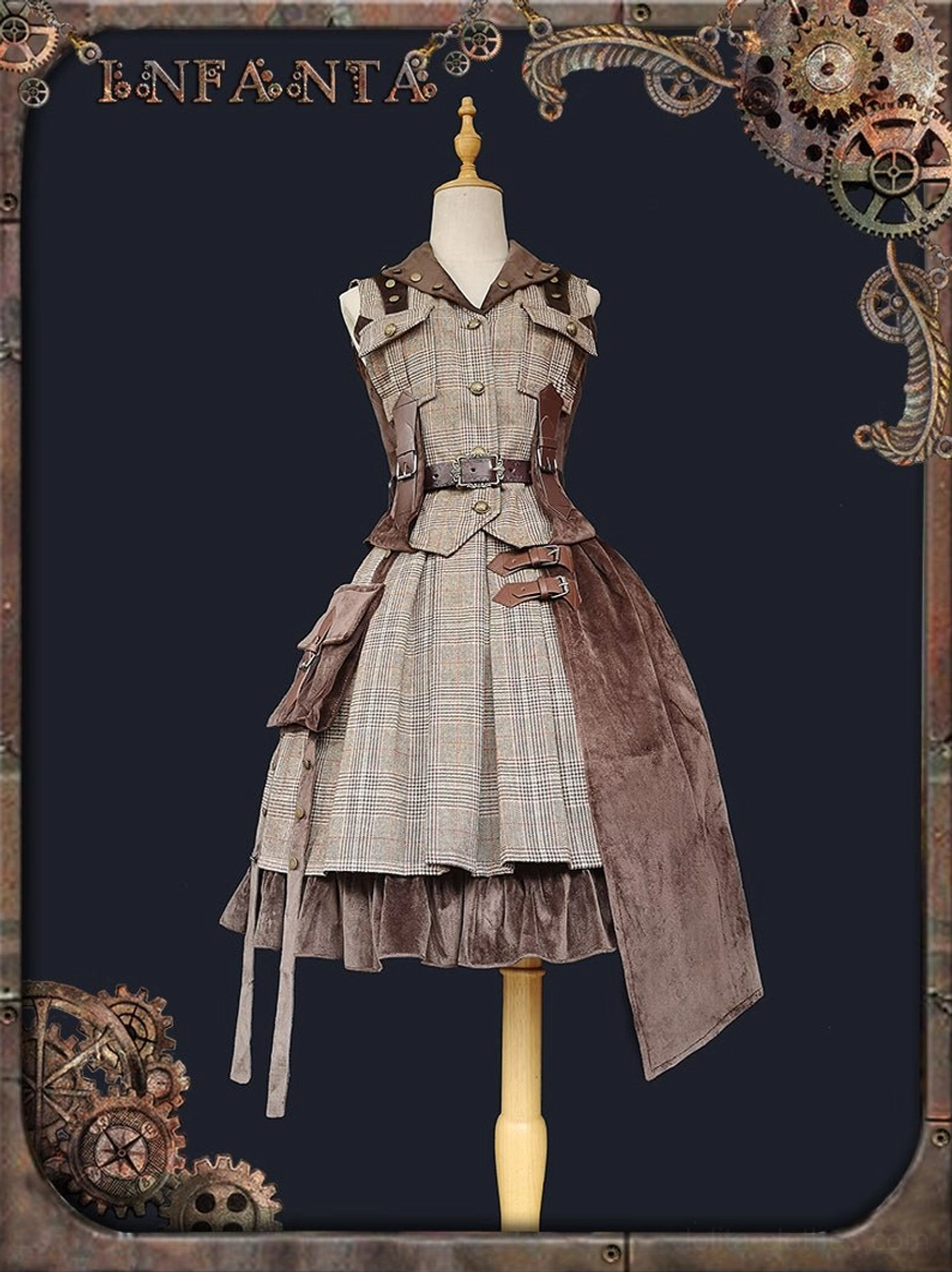 Front full-body dress form display of steampunk punk lolita vest and SK skirt set with multiple functional side pockets, adjustable waist belt, and mixed plaid and velvet fabric construction