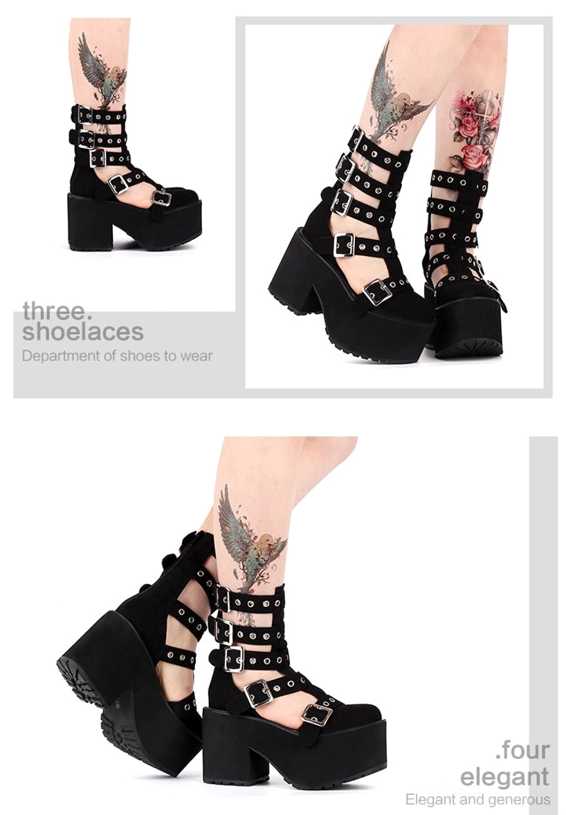 Close-up of tattooed female model legs wearing platform gladiator boots showing patent leather shine, adjustable buckle fastenings, and chunky platform sole design details