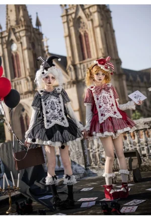 Puppet Masquerade Gothic Lolita OP dress in red and black - full body front view with detachable front panel and decorative bow - clown inspired carnival theatrical design