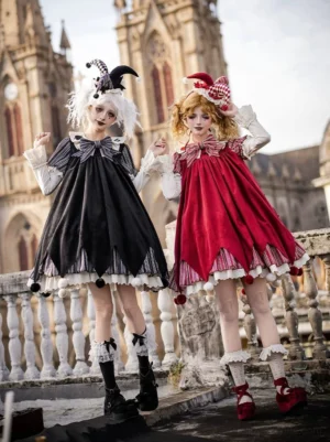 Red and black puppet masquerade clown lolita one-piece dress - eye level front pose with theatrical headpiece - church balcony gothic setting