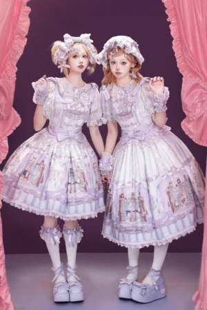 Puppet Show theatrical lolita JSK dress with embroidered collar front view lavender and white colorway with vintage print