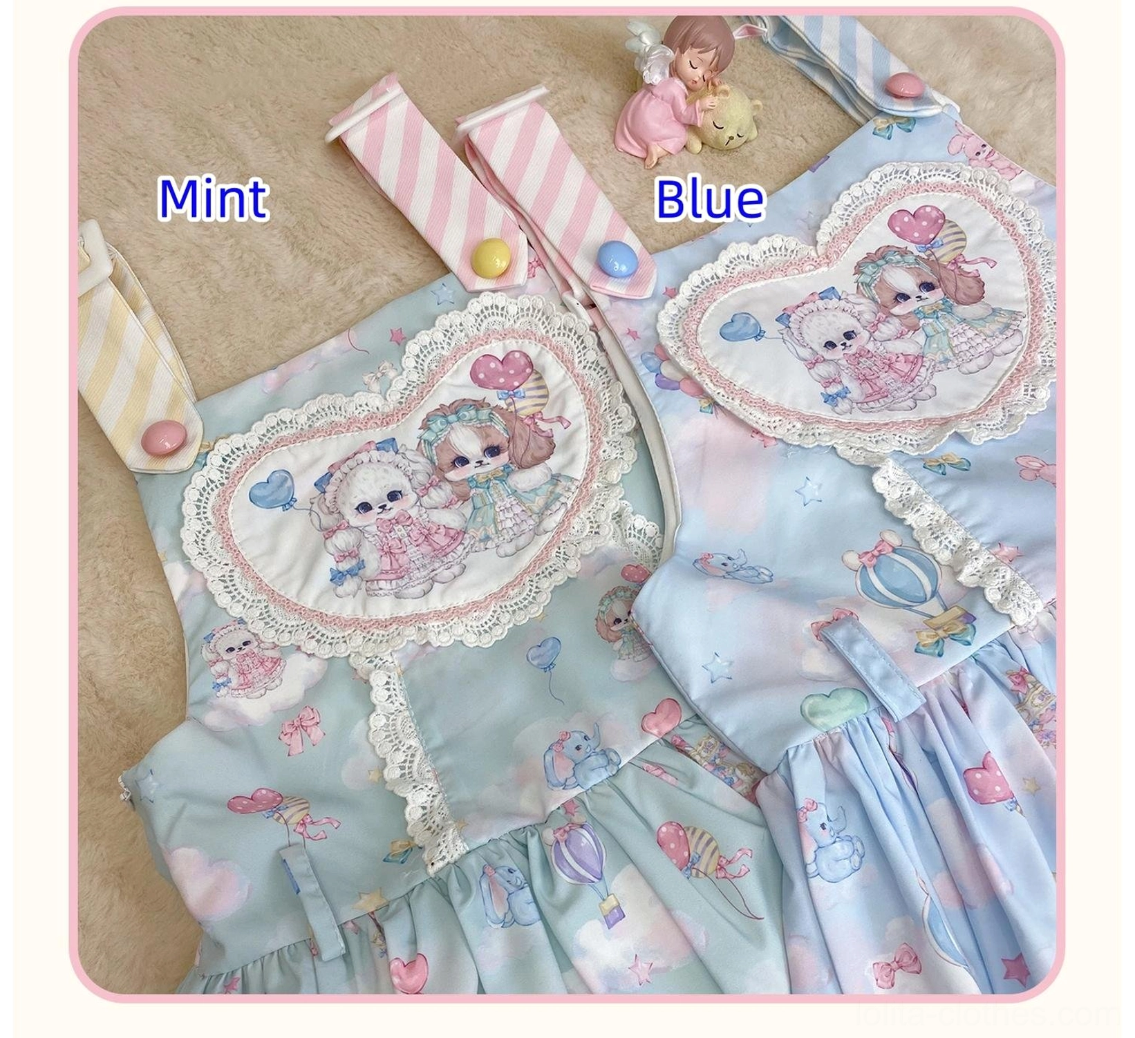 Blue puppy themed Lolita salopette dress standalone color option showing pastel blue hue cute puppy prints and classic Sweet Lolita silhouette