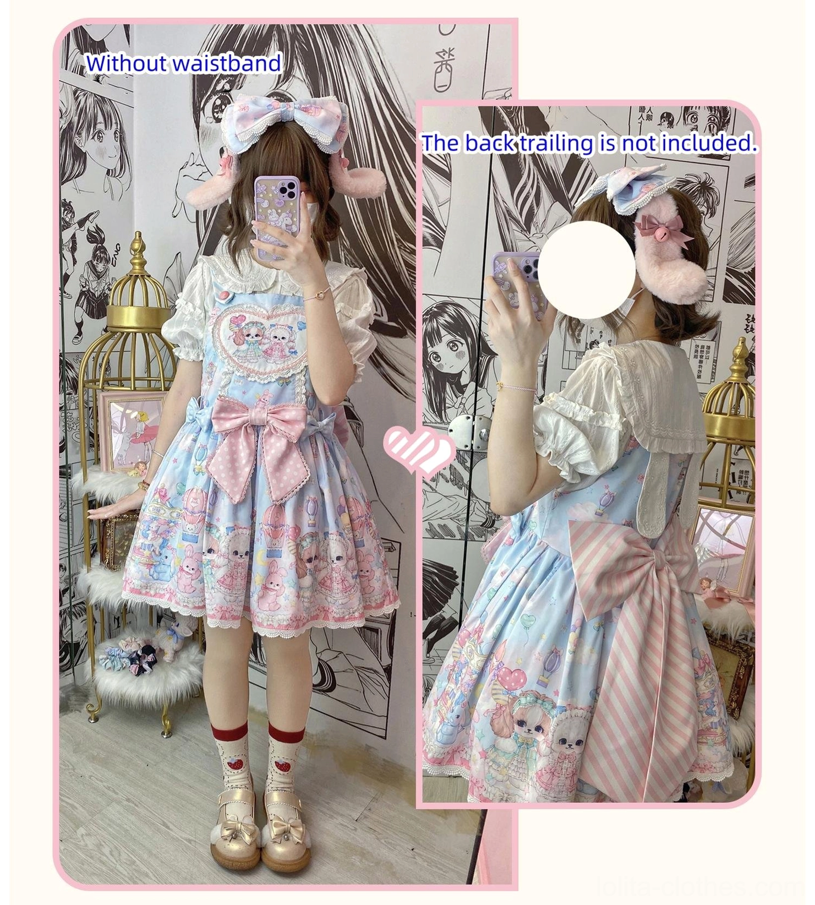 Pastel blue puppy themed Lolita salopette dress front and back mirror selfie comparison showing design details ruffles and cute puppy cartoon prints