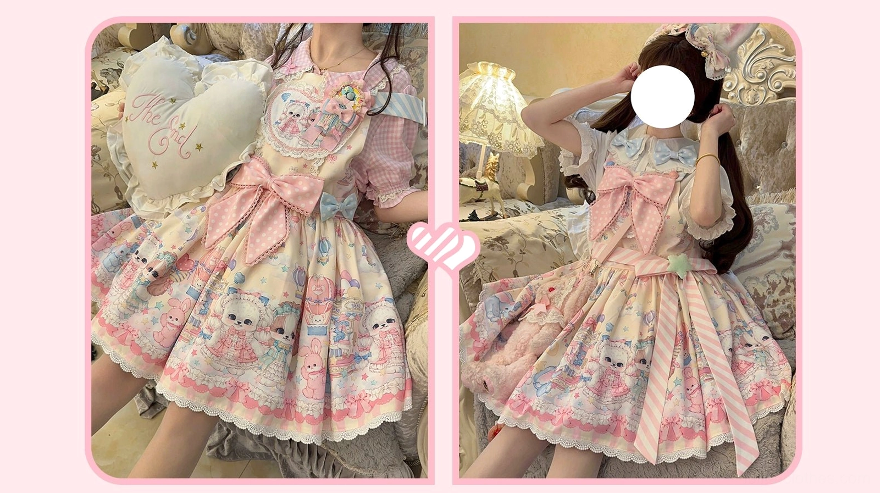 Light yellow puppy Lolita salopette JSK standalone product shot showing full silhouette with Peter Pan collar heart bodice and ruffled skirt