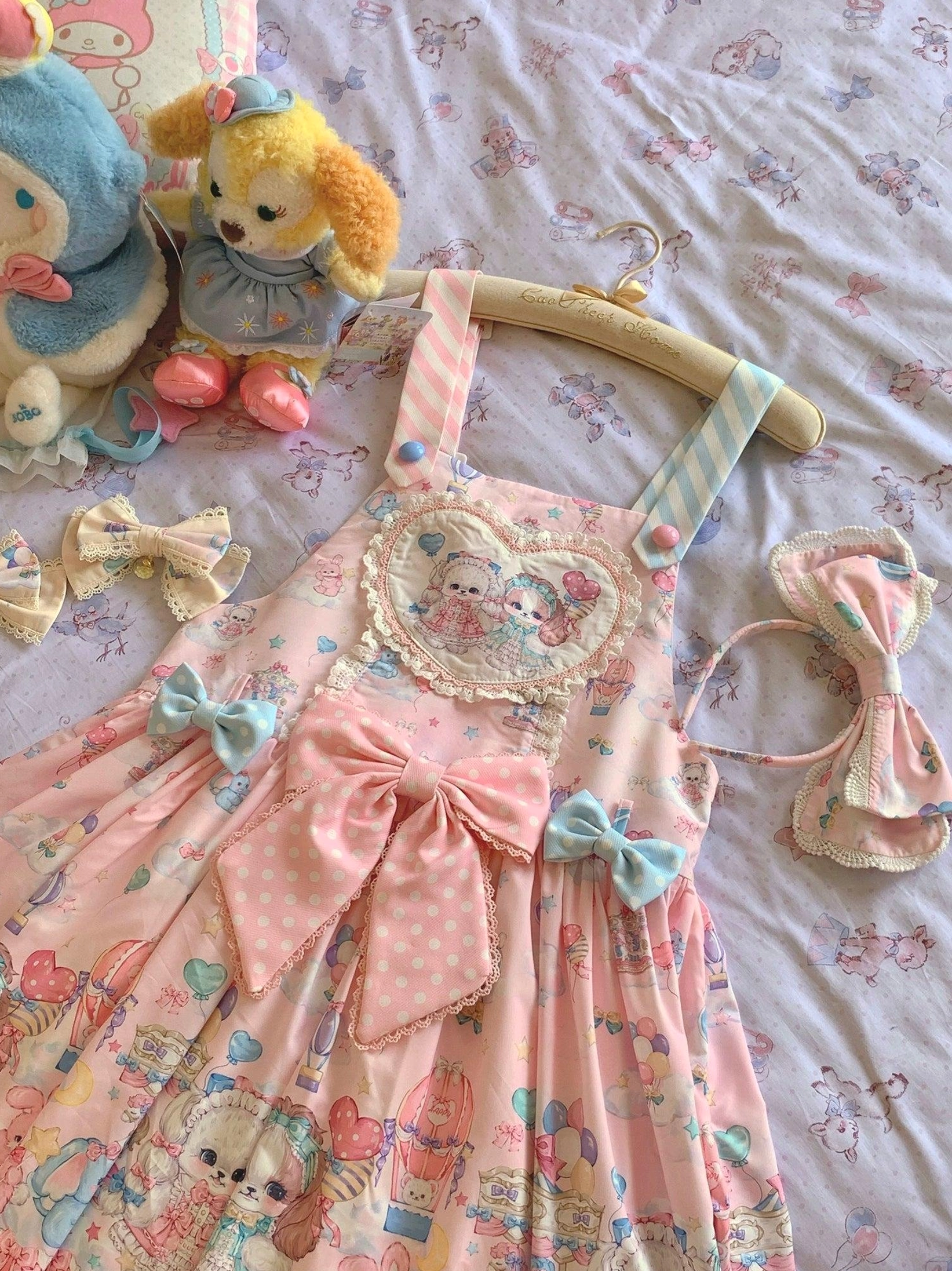 Light yellow puppy themed Lolita salopette showing sunny pastel color and cute puppy print Sweet Lolita dress design