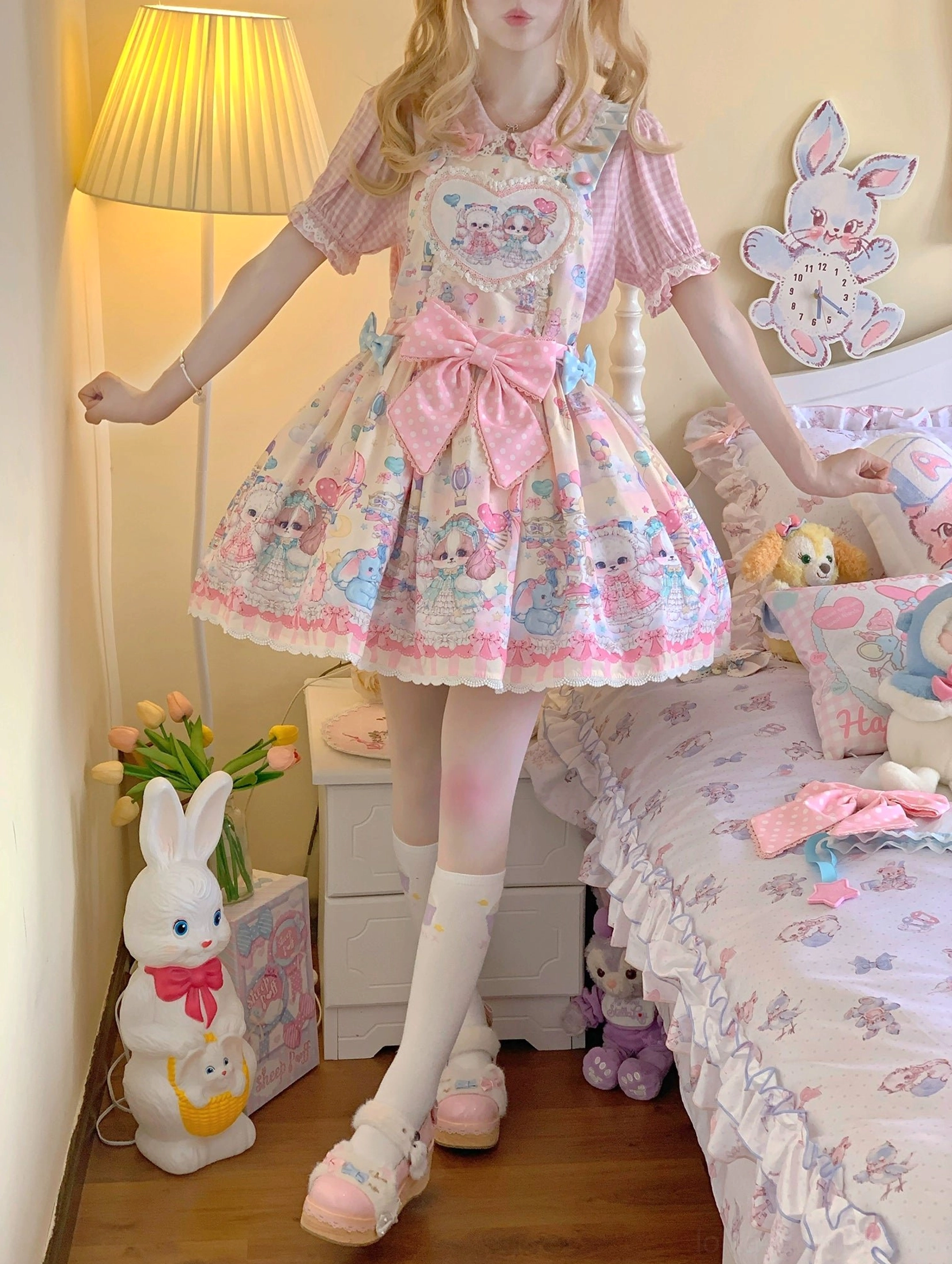 Puppy Dreams Lolita salopette included accessories set pink large bow blue small bows yellow small bows waist tie and decorative elements