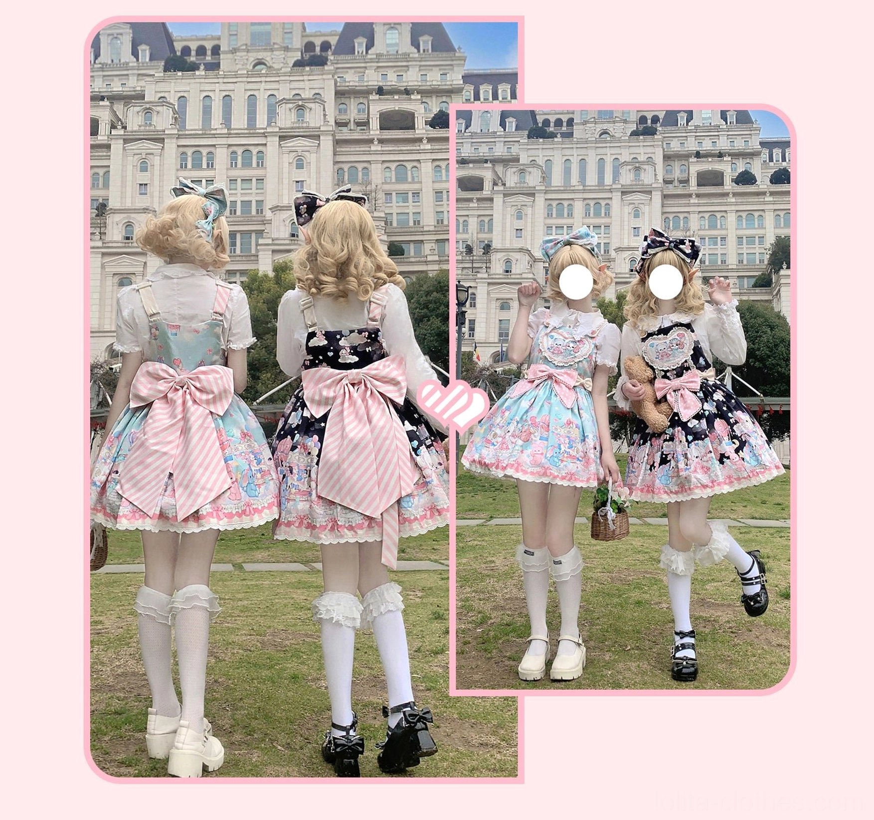 Back view comparison of two puppy Lolita salopette dresses showing large striped pink back bows ruffled skirt hems cute puppy prints and coordinate styling with socks