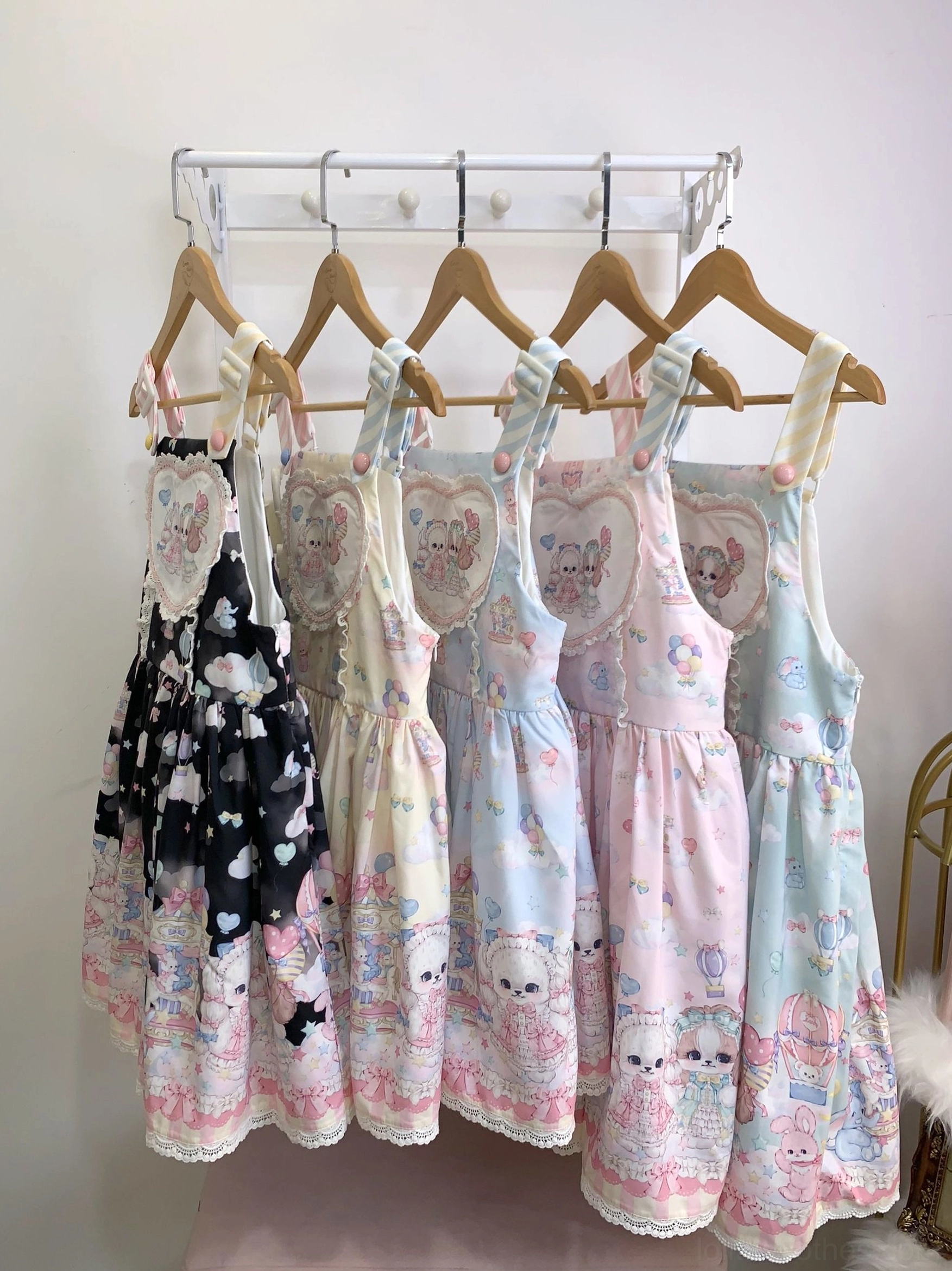 Puppy Dreams sweet Lolita salopette full silhouette product display showing complete design from shoulder to ruffled hem