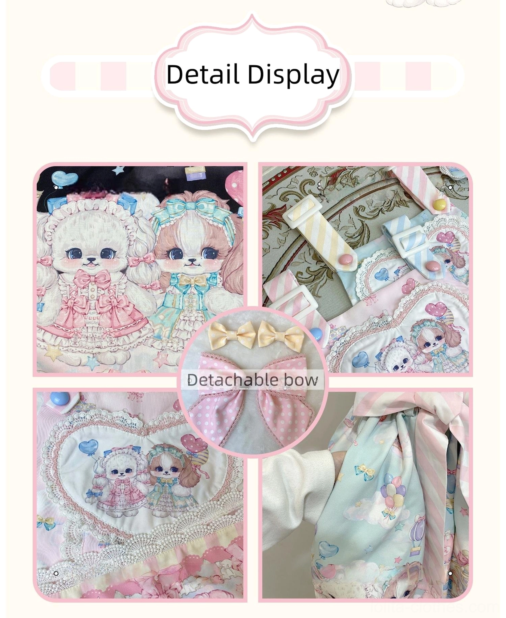 Puppy Dreams Sweet Lolita salopette JSK close-up detail shot of heart shaped bodice front yoke and cute puppy cartoon print pattern