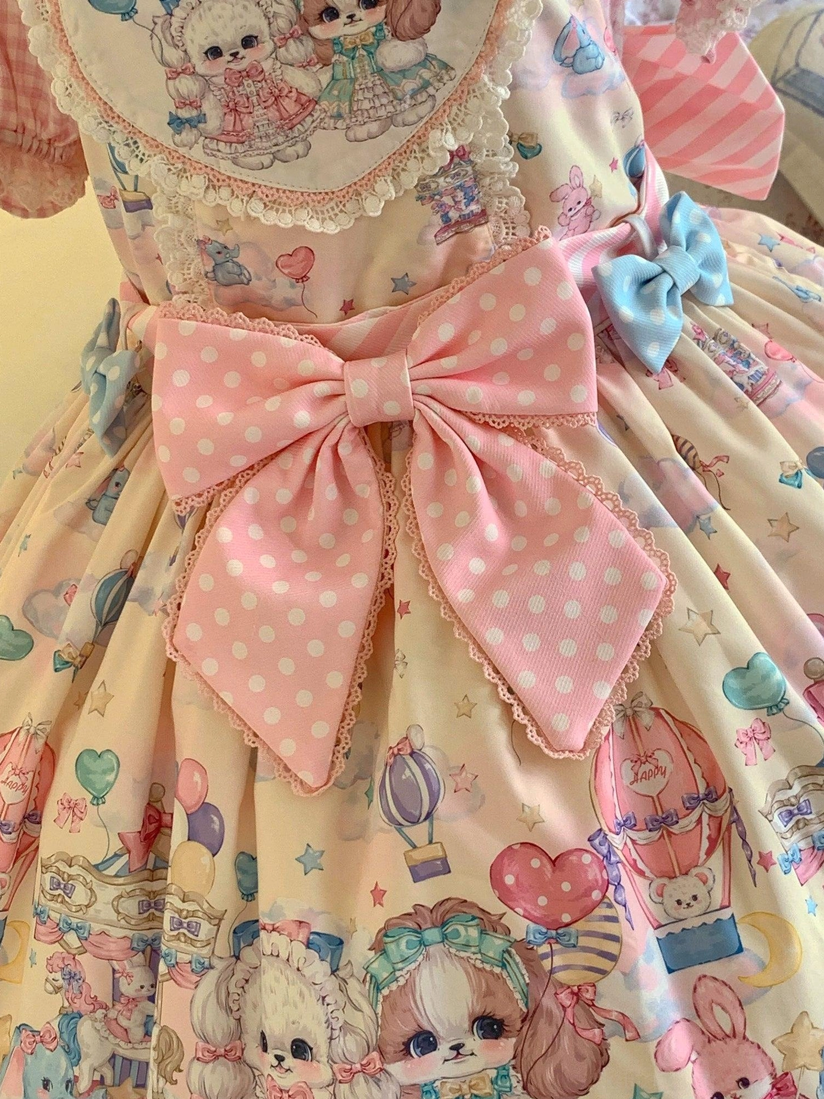 Puppy Dreams Lolita salopette lifestyle photography showing actual wear and styling with coordination accessories and setting