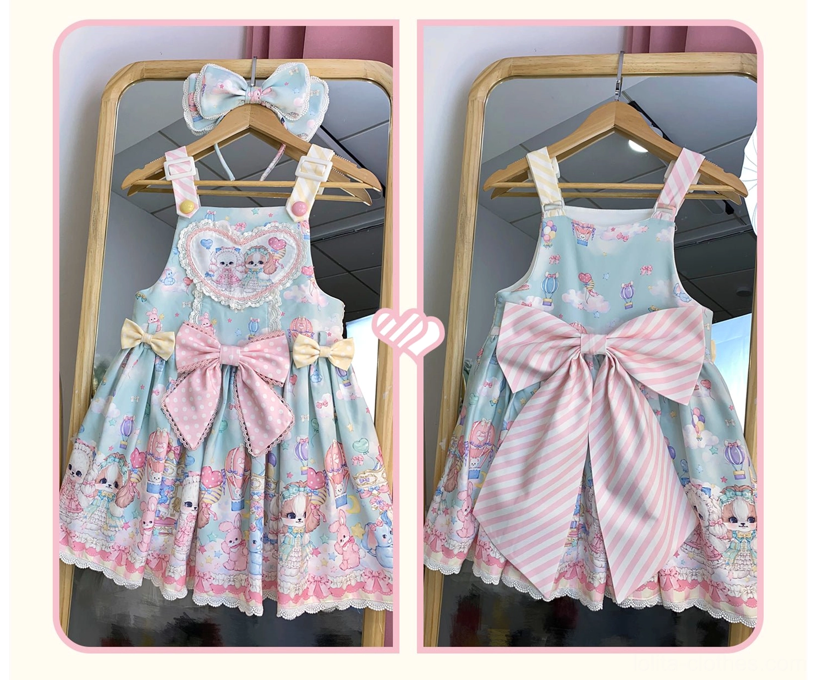 Model wearing puppy Lolita salopette showing proper fit and silhouette with coordinating socks ruffled hem and cute aesthetic styling