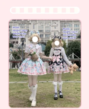 Two models wearing puppy themed Lolita salopette jumper skirts outdoor photoshoot with cute puppy prints heart bodice ruffled hem and front bows vintage European building background