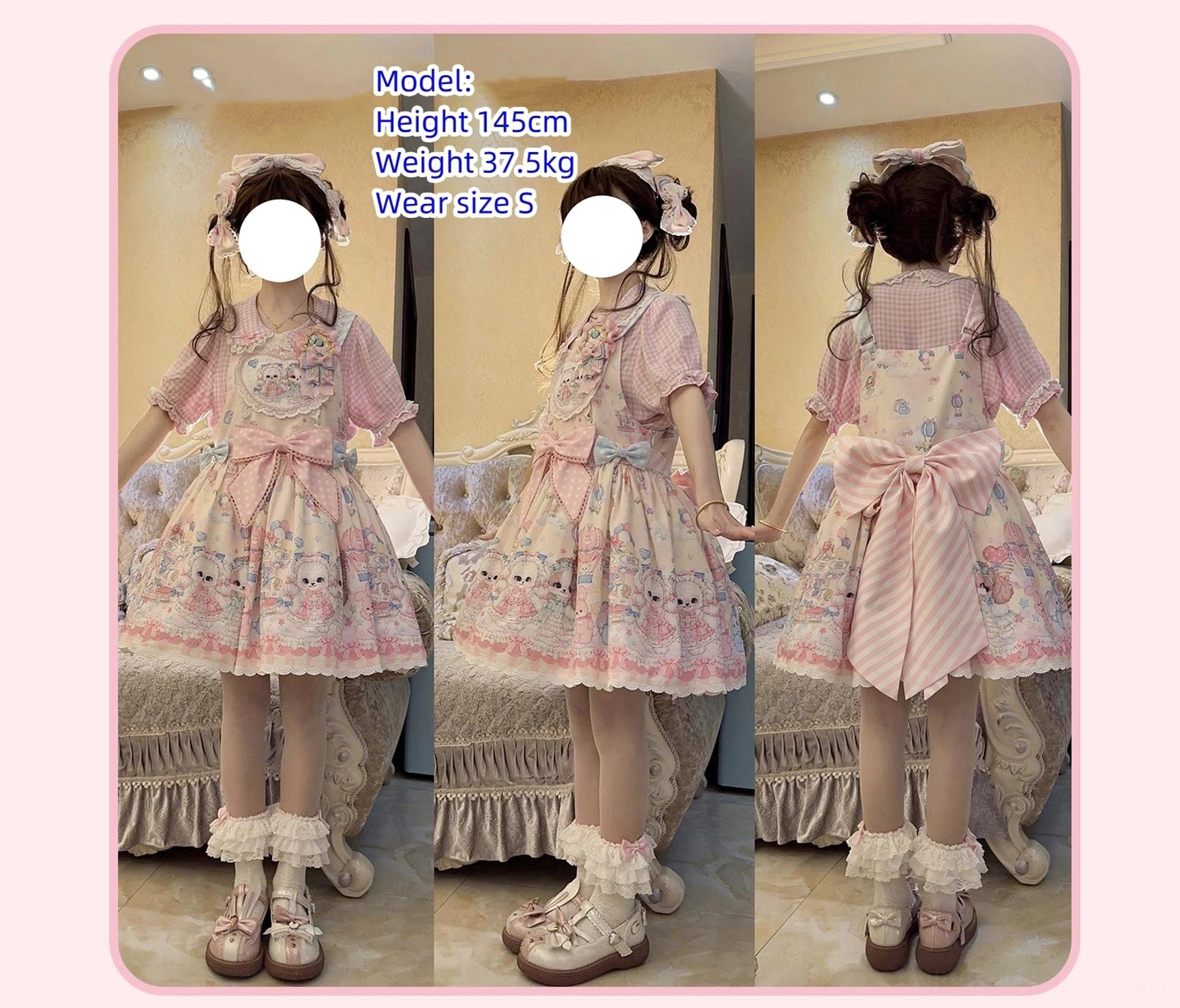 Puppy Dreams sweet Lolita salopette ruffled hem detail showing layered frills and cute puppy prints fabric texture and construction