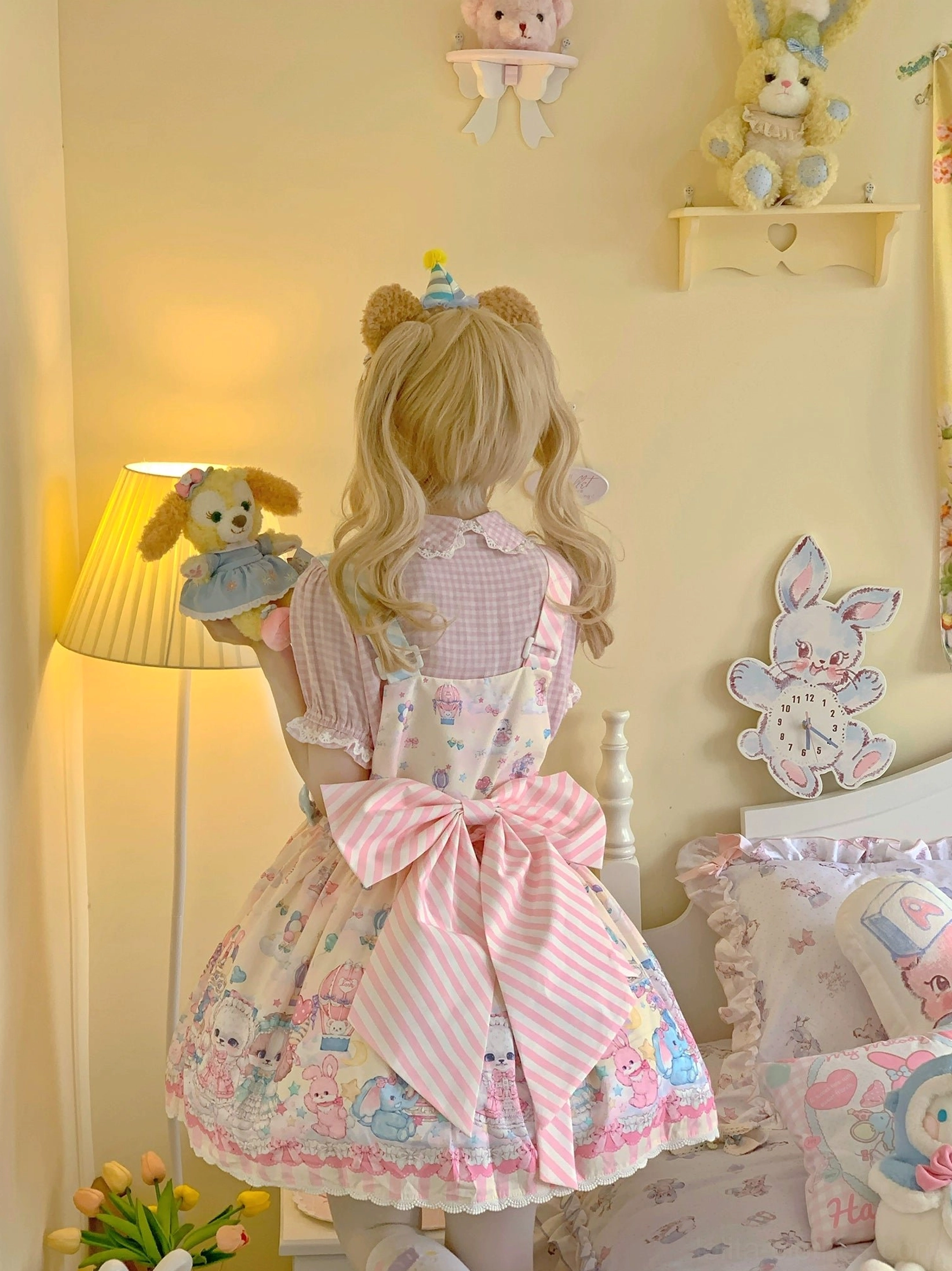 Puppy themed sweet Lolita salopette shoulder strap detail showing wide contrasting straps and adjustable fit for comfortable wear
