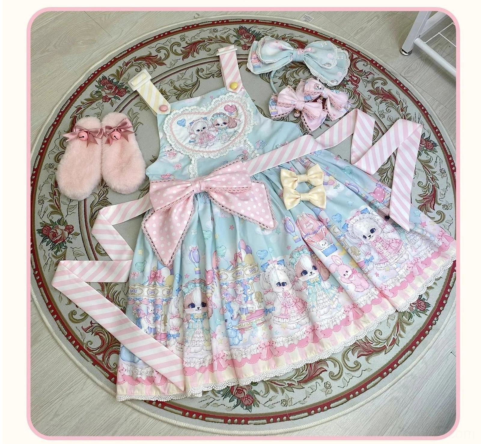 Puppy Dreams sweet Lolita salopette size chart measurements in centimeters and inches for all sizes S M L XL with shoulder and waist dimensions