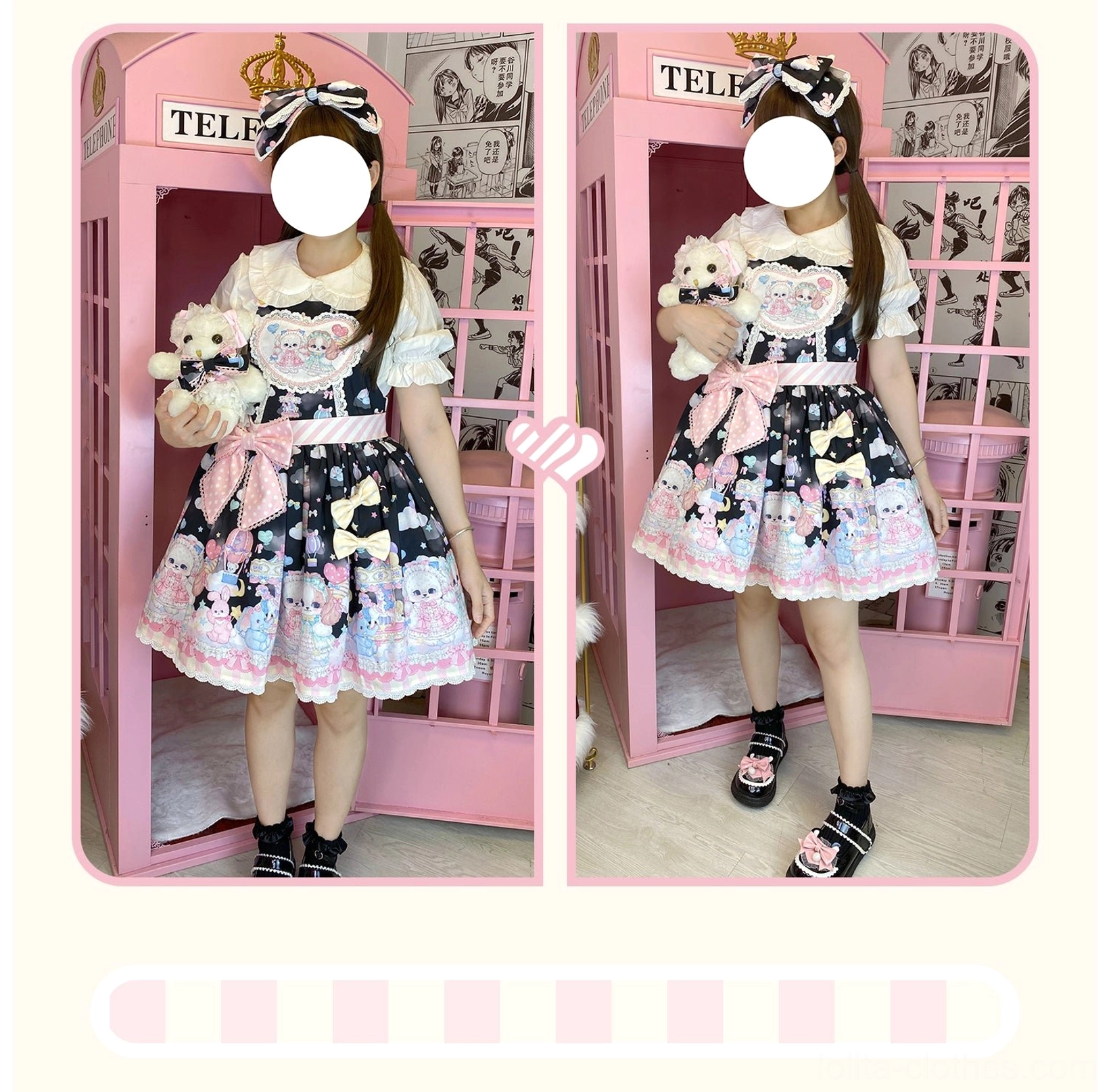 Split indoor photoshoot two models wearing puppy Lolita salopette dresses pastel pink and black printed versions with cute puppy patterns pink telephone booth setting