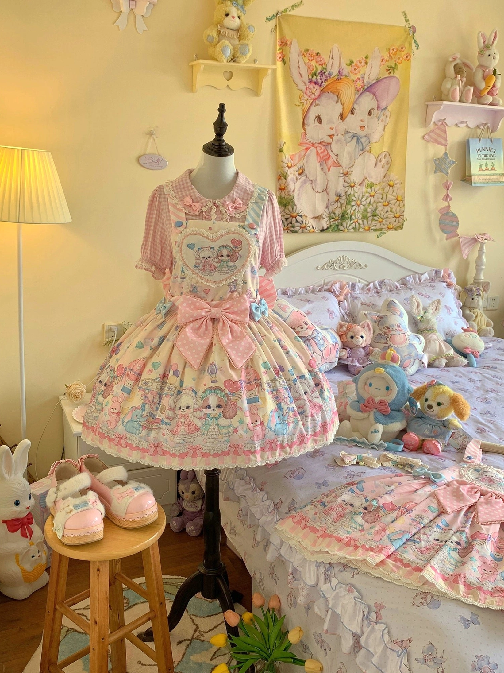 Mint green puppy themed sweet Lolita salopette dress showing pastel color option and complete design construction
